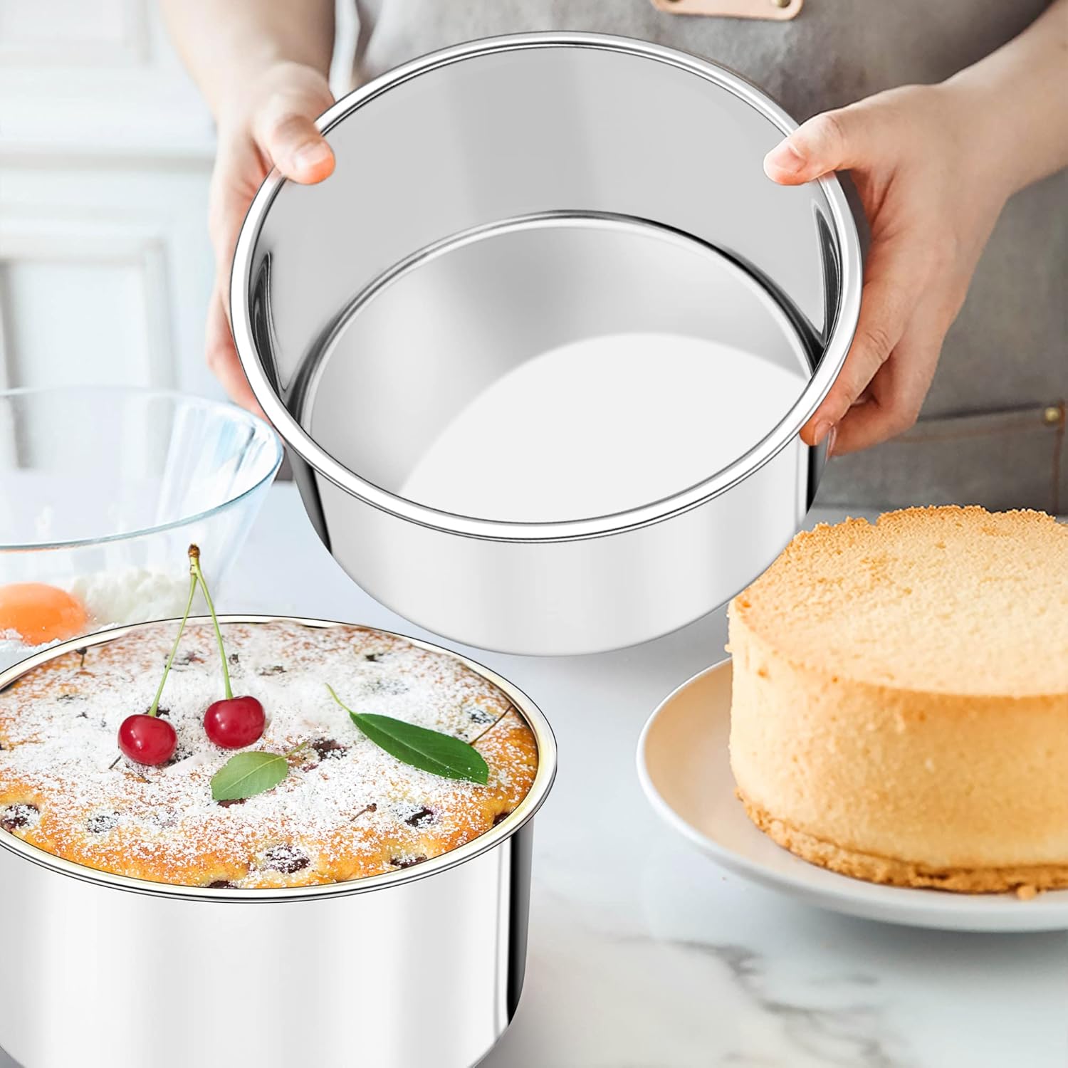TeamFar 6 Inch Cake Pan, 6” x 3” Deep Round Cake Pan Tier Baking Tins Set Stainless Steel, For Baking Steaming Serving, Healthy & Toxic Free, Deep & Straight Size, Oven & Dishwasher Safe - Set of 2 - Image 3