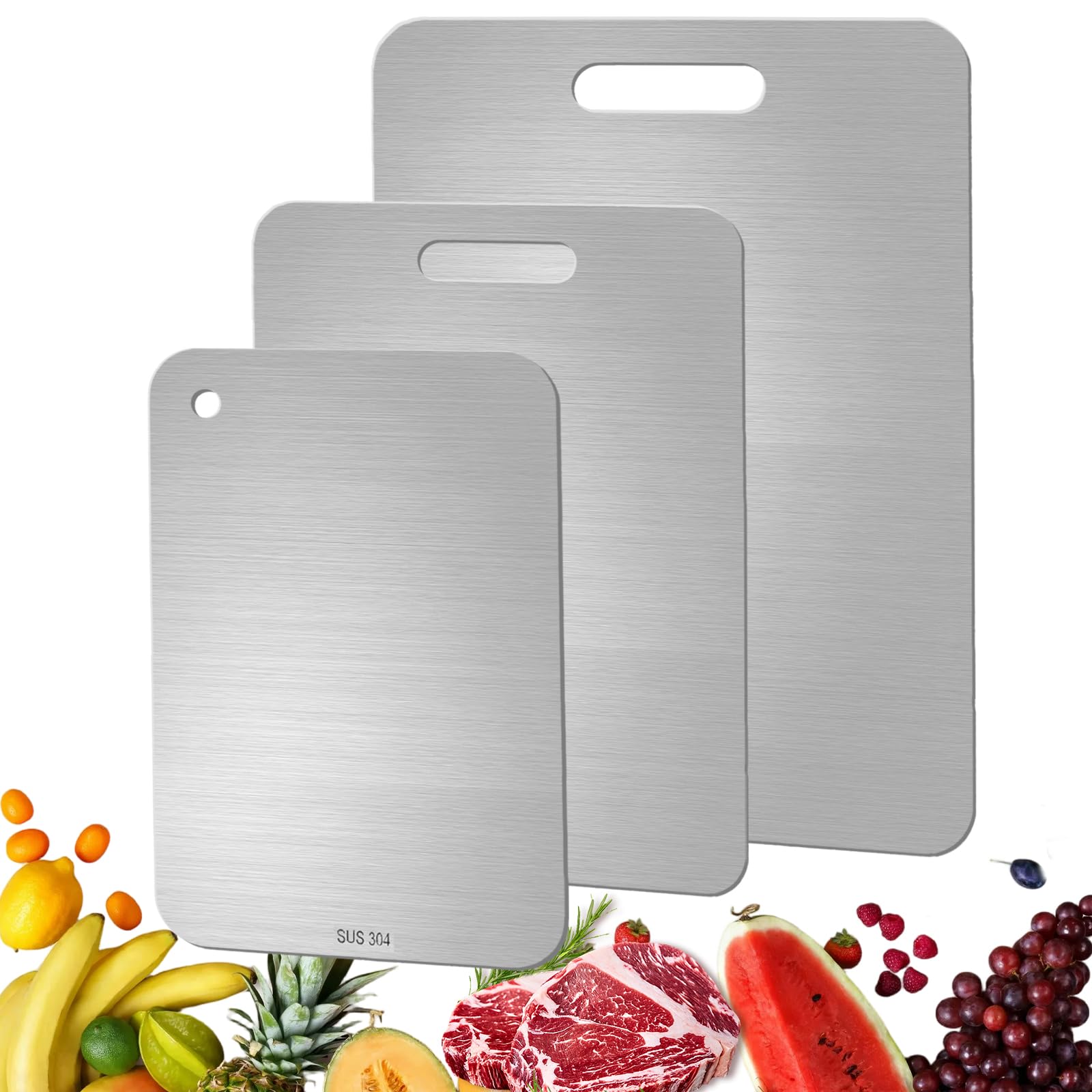 Schneidebrett Set 3er aus S304 Edelstahl, Chopping board Doppelseitiges Lebensmittel Grade, BPA-frei rutschfest und stichfest, für Fleisch, Brot, Gemüse, Obst als Arbeitsplatte & Schneidmatte