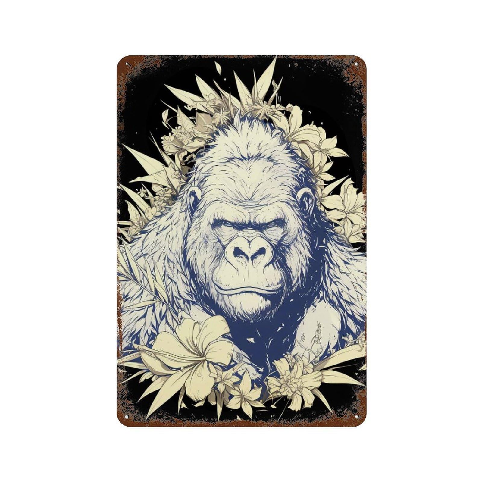 Floral Gorilla Illustration Weathered Tin Sign 11.8"x7.9", for Shed, Workshop And Garage Wall Decor, Decorative Metal Wall Art