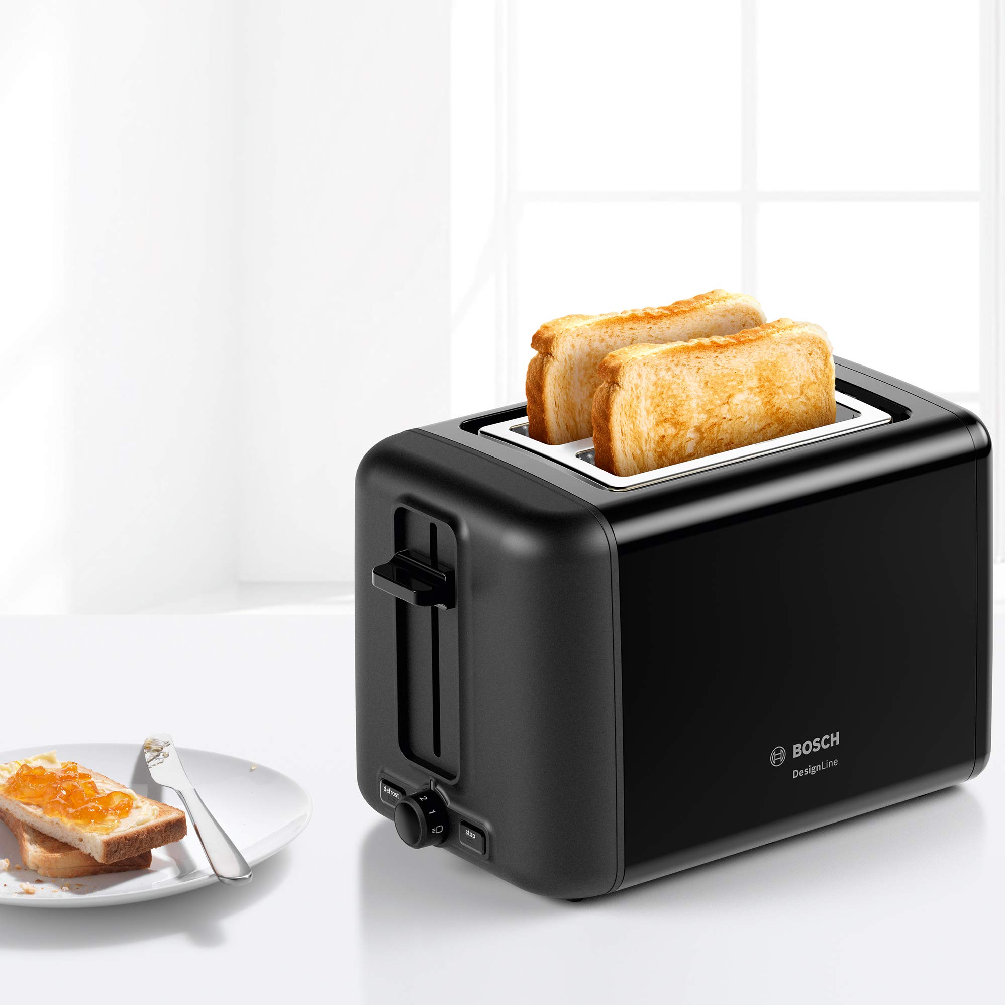 Bosch DesignLine TAT3P423DE Grille-pain compact en acier inoxydable avec arrêt automatique et fonction décongélation, parfait pour 2 tranches de toast, fonction lifting, large, 970 W, noir