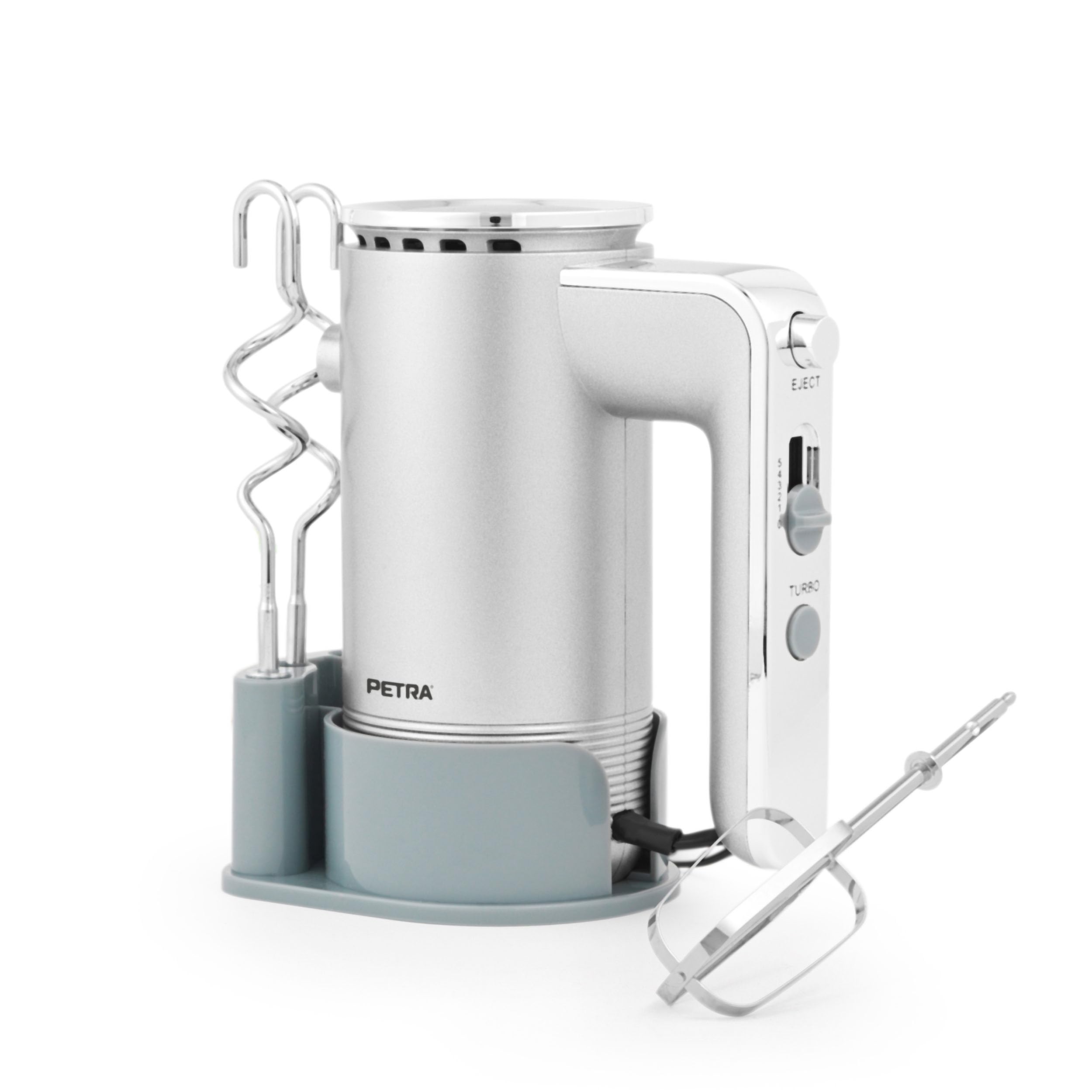 Petra Handmixer 300W, Handrührgerät mit 5 Geschwindigkeiten, Rührgerät mit Turbo Funktion, Elektrischer Schneebesen mit Knethaken & Rührbesen, Aufbewahrungshalterung, Silber