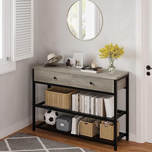 Miniatura 7 de Towallmark Mesa de sofá consola con 2 cajones, mesa de entrada con estantes de almacenamiento de 2 niveles, estante de exhibición para entrada,