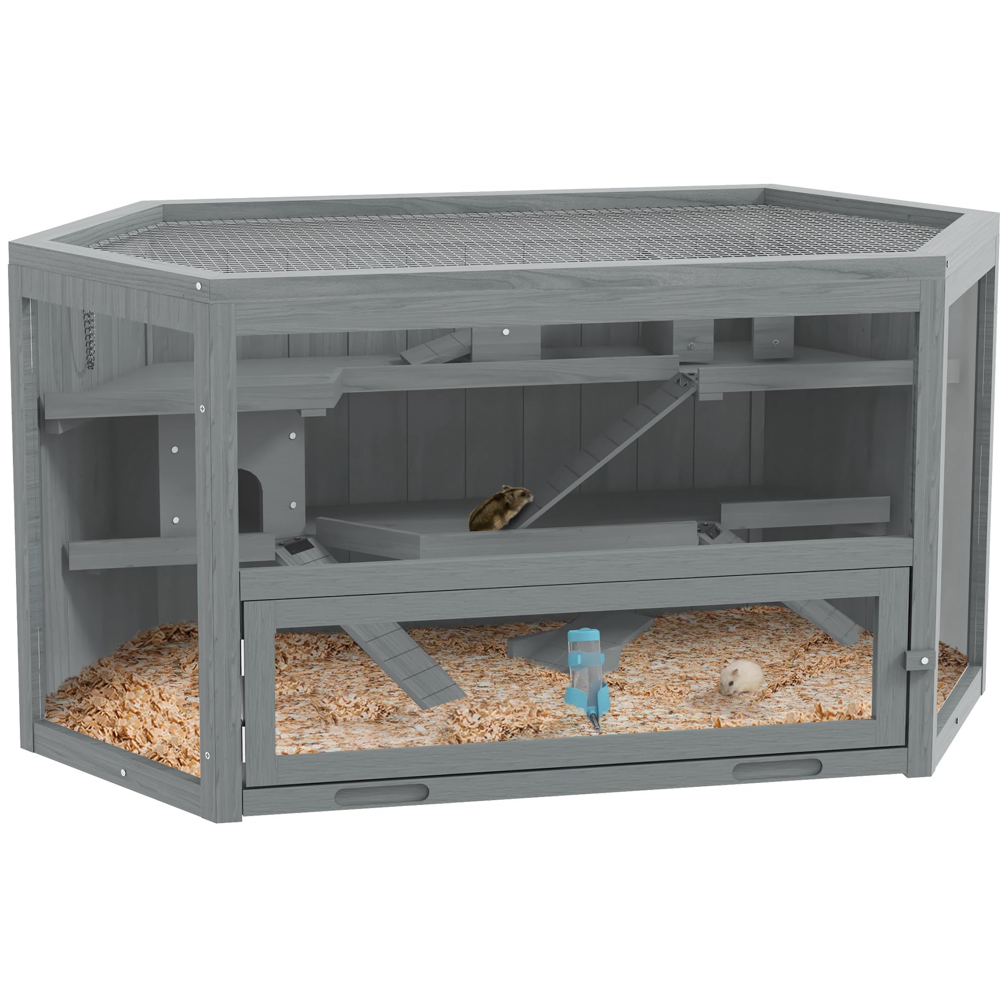 PawHut Wooden Large Hamster Cage 3 Tier Exercise Play House for Small Animals with Sliding Tray, Seesaws and Water Bottle, Grey