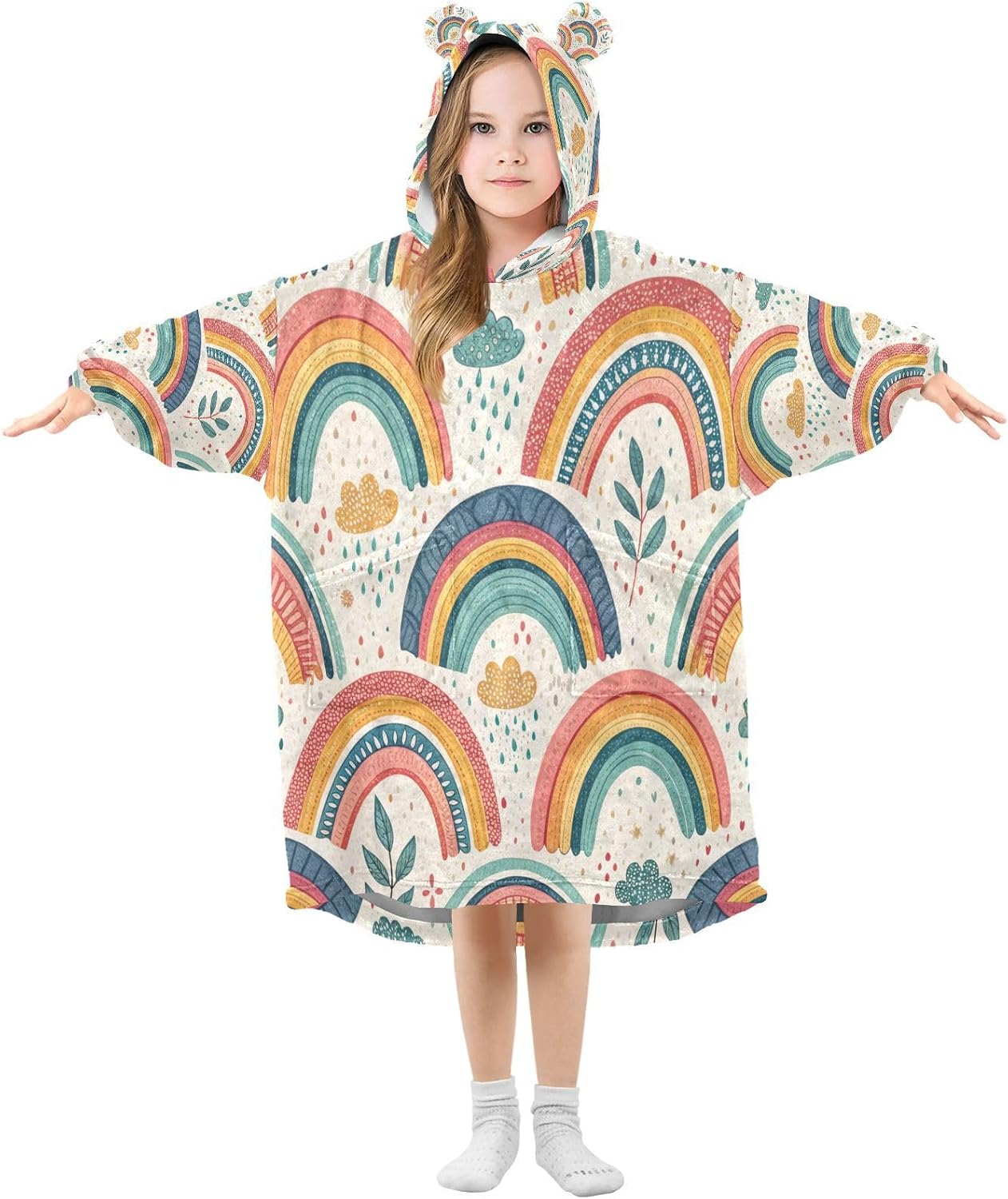 Kigai Boho Rainbow Wearable Blanket Hoodie for Kids Oversized Hooded Blanket Warm & Cozy Sweatshirt with Pockets