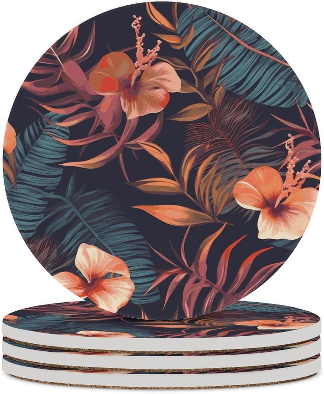 Tropical Flower Coaster with Cork Base Drink Coasters for Coffee Table Decor Modern Cup Coasters with Non-Slip & Heat-Resistant Cute Ceramic Table Coaster for Home Dining
