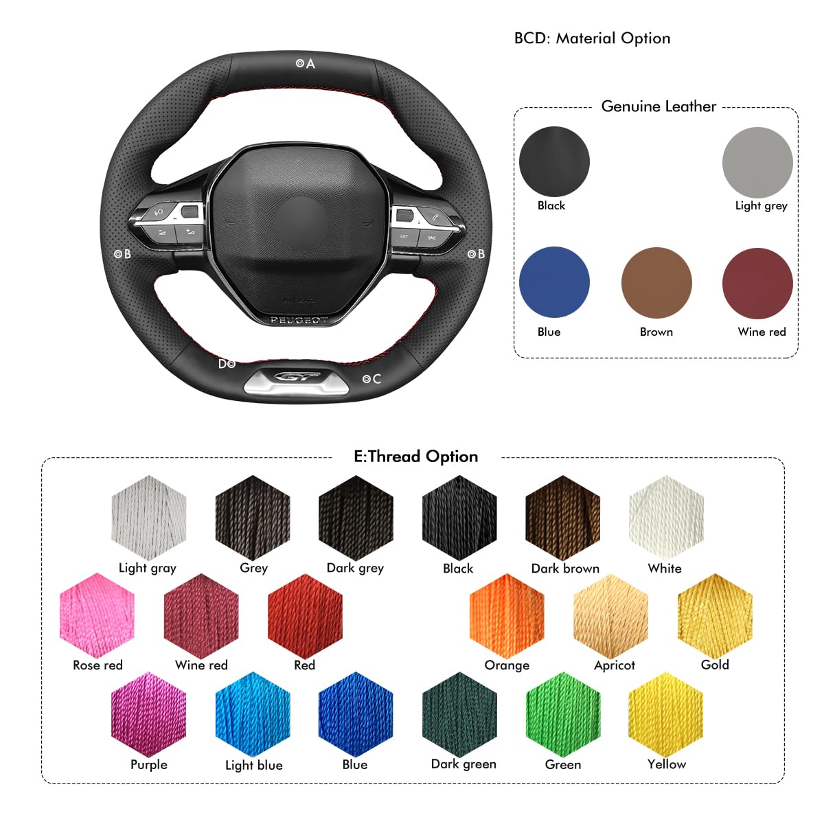MEWANT Couvre Volant pour Peugeot 208/308/308 SW/2008/3008/ 508/508 SW/ 5008/Rifter Fait de Cuir Véritable