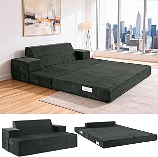 4-in-1 Schlafsofa 150 x 200 cm – Schlafsessel mit Bettfunktion, klappbares Bettsofa, Faltbare Schlafcouch mit schrägen Rückenkissen & separatem Kissen, waschbarer Bezug, Grau