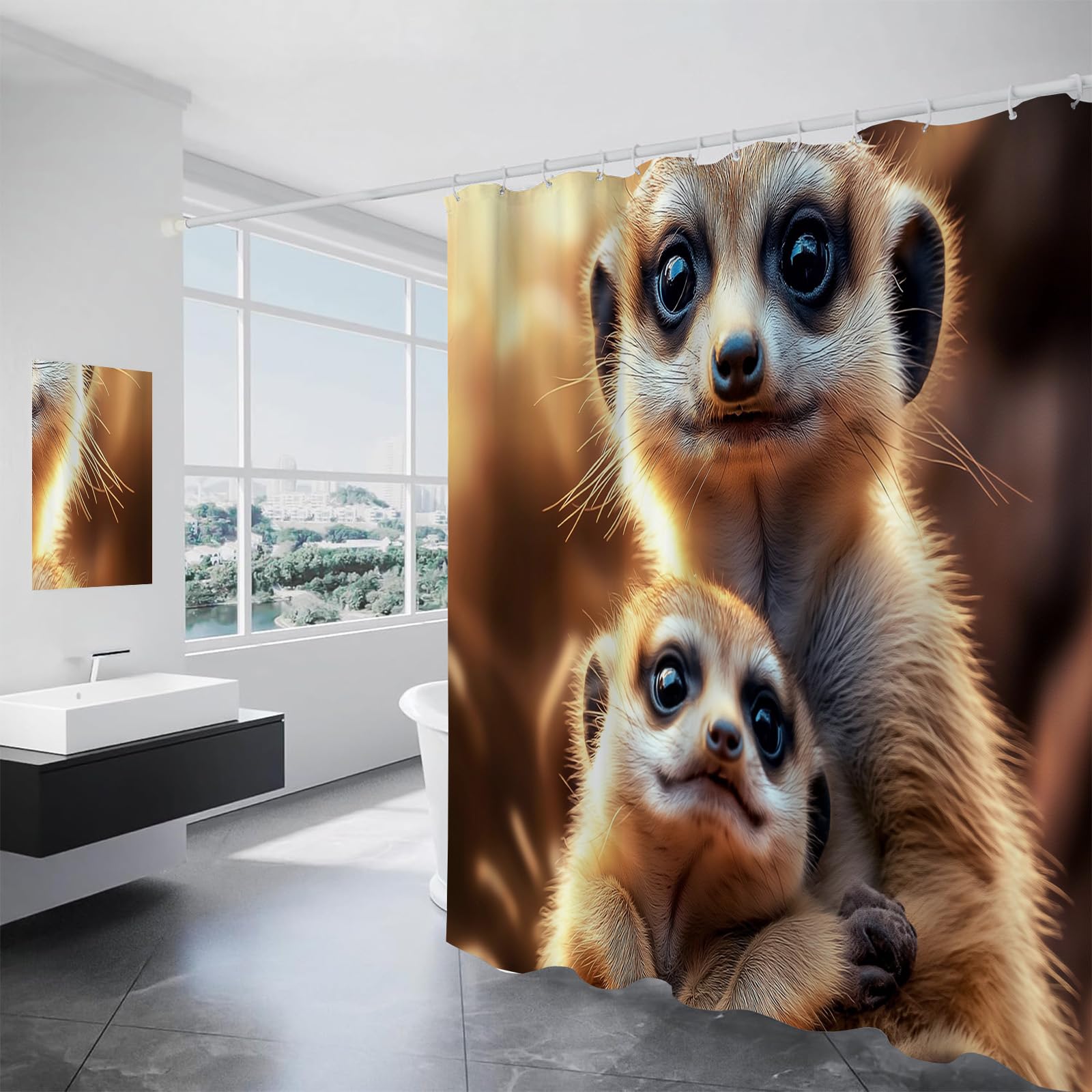 Erdmännchen Duschvorhänge mit Haken,H200 x B180 cm (1er Pack) Wasserdicht Duschvorhang für Badezimmer,süße Erdmännchen Badewannen Hotelvorhang,Maschinenwaschbar