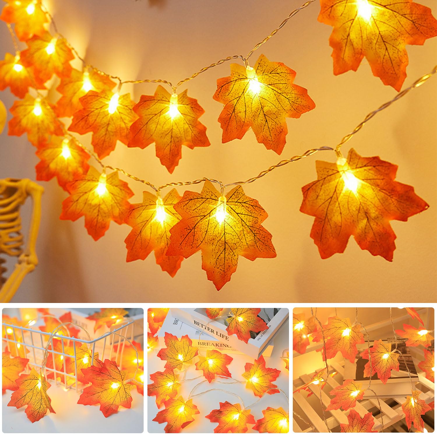 Autumn Fairy Lights, 1.5 m 10 LED Maple Leaf Garland Fairy Lights, LED Maple Leaf Fairy Lights, Battery Operated, Halloween Fairy Lights, for Autumn Decoration, Thanksgiving, Halloween Party, Indoor โ image 1