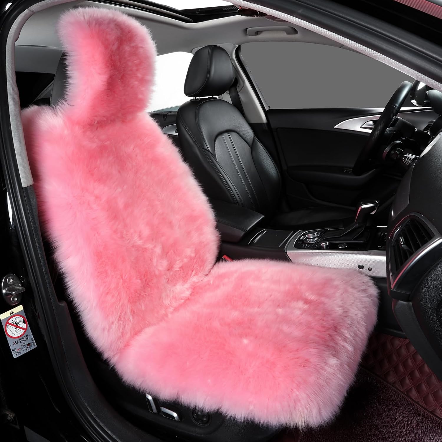 Sheepskin Car Seat Cover, Fluffy Fuzzy Long Wool Front Seat Covers, Universal Fits Most Car SUV Truck Minivan, Airbag Compatible (Pink)
