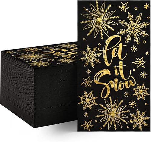 Miniatura 1 de Horaldaily 100 servilletas decorativas de papel desechables de Navidad, Let It Snow Black Paper Gold Foil Toalla de mano para fiesta, almuerzo,