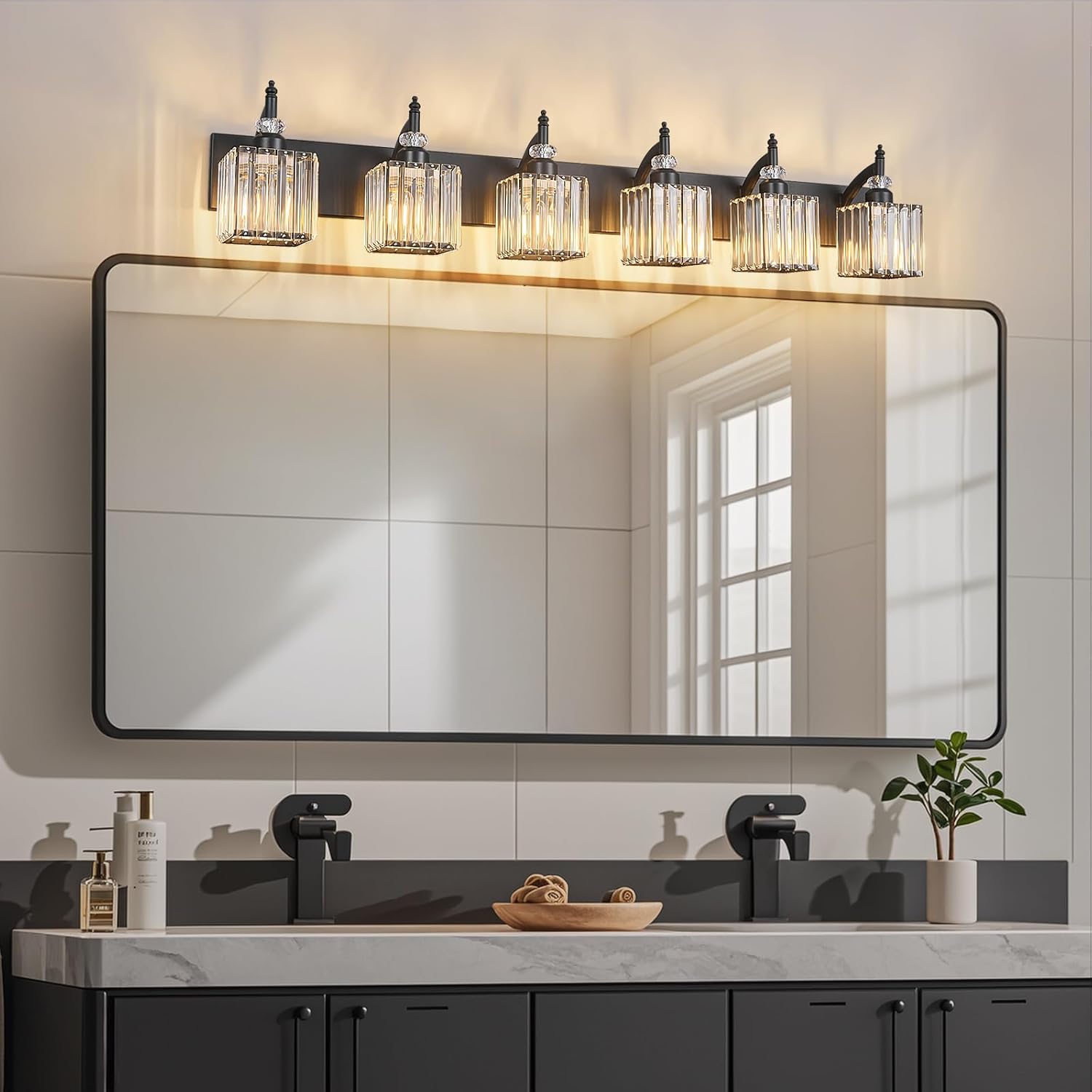 Crystal Vanity Lights - Black, 6 Light Bathroom Vanity Light with Crystal Fixture, Modern Style for Bathroom Mirror
