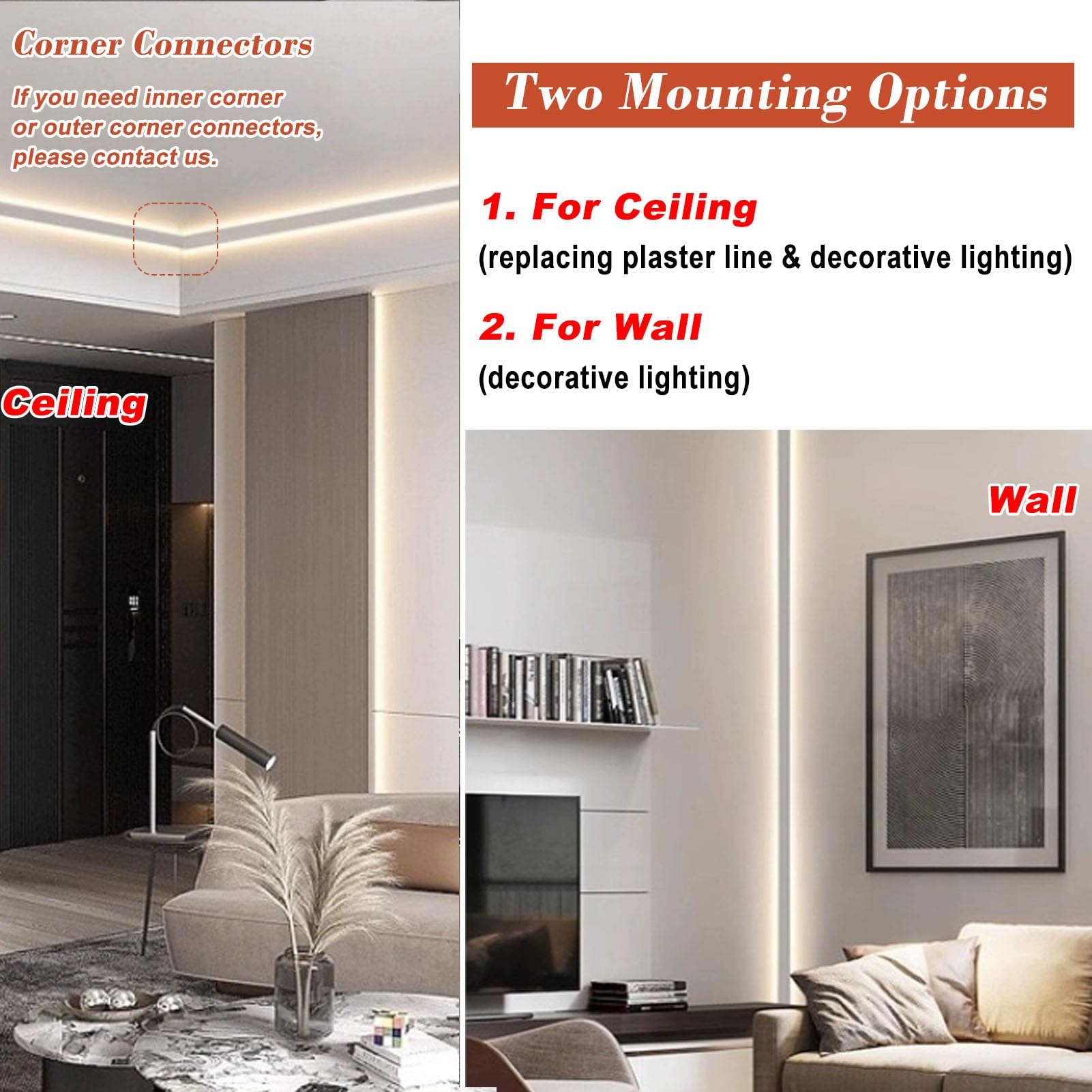 Aluminum Crown Moulding Ceiling Wall Indirect Lighting, Double Light Strip Crown Molding Trim 2 1/4" x 2 1/4", Cornice LED Channel Wall Washer Decor(White,12.5m(41ft))