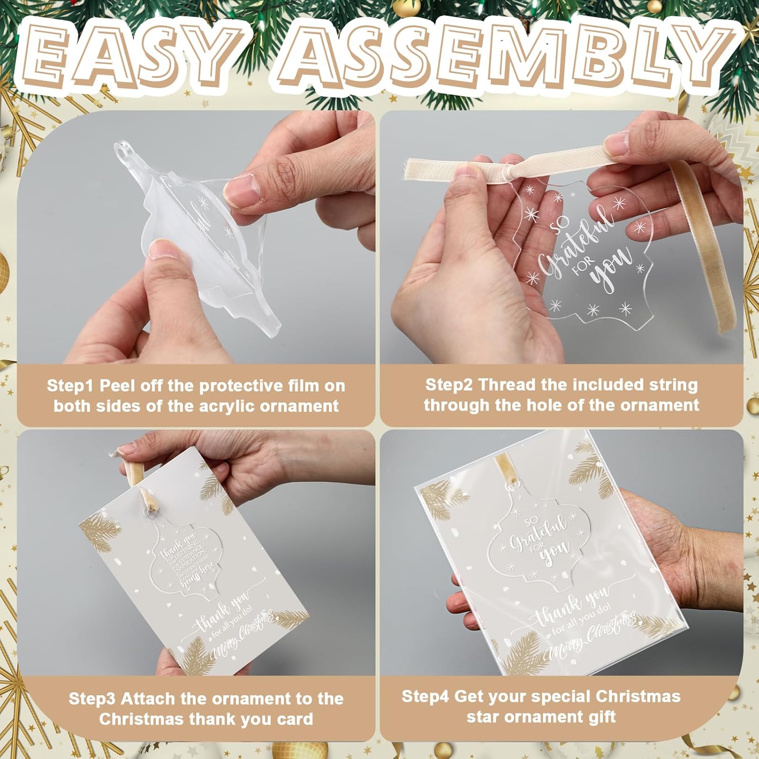 Kasyat 50 Sets Christmas Employee Appreciation Gift Bulk Acrylic Lantern Hanging Ornament for Xmas Tree Decor with Thank You Card Ribbon for Office Team Staff Coworker Nurse Teacher