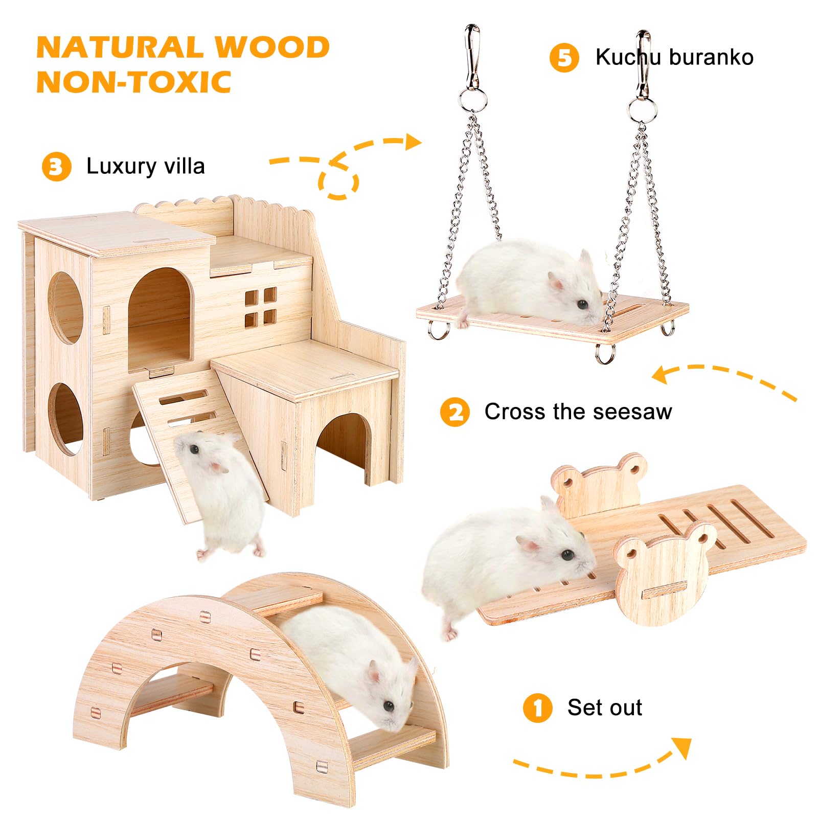 Vegena Wooden Hamster House Set - 7 Piece Pine Toy Collection With Seesaw, Bridge and Swing for Guinea Pigs Bunnies and Small Pets - Image 4