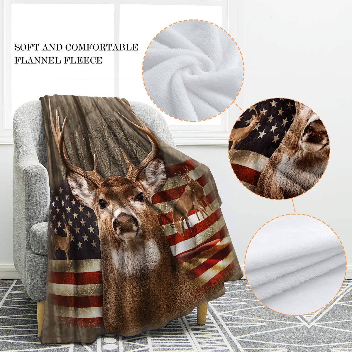 Jekeno American Flag Deer Blanket Gifts for Men, USA Flag Throw Blankets Hunting Gifts for Men Adult Kids Boys, Independence Day Deer Forest Decor for Home Bed Couch