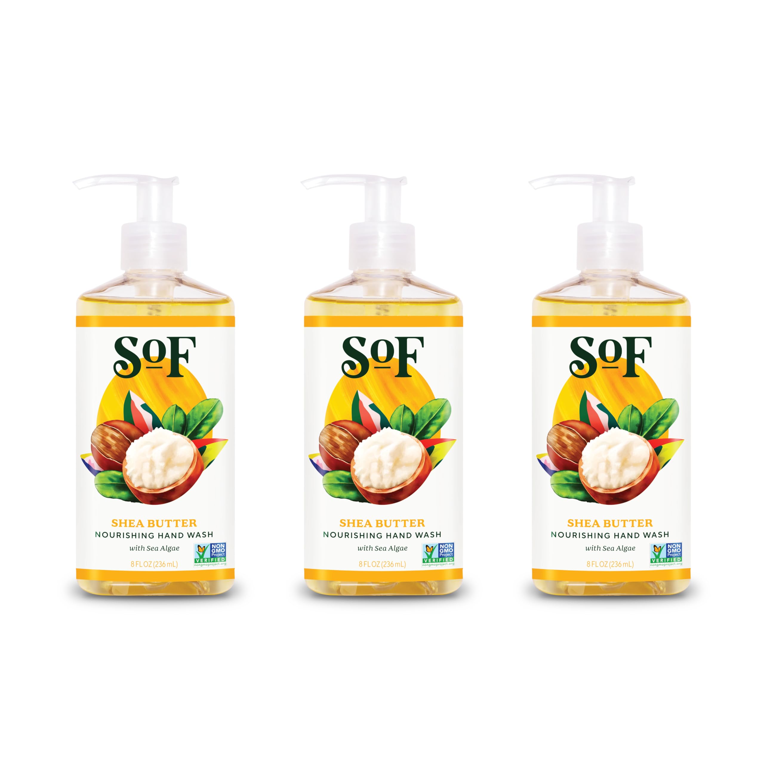 SoF Nourishing Hand Wash - With Moisturizing Sea Algae, Coconut & Olive Oil- Vegan & Non GMO- Free From Phthalates, Sulfates & Parabens- Shea Butter - 8 oz Bottle 3 Pack