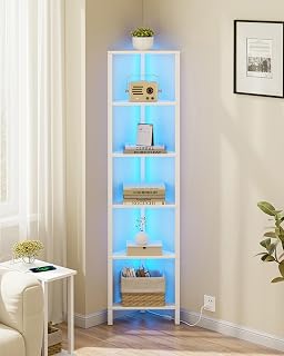 TUTOTAK 6-Tier Corner Bookshelf with LED Lights - Space-Saving Narrow Storage Shelf for Living Room, Bedroom, Small Spaces, Pure White