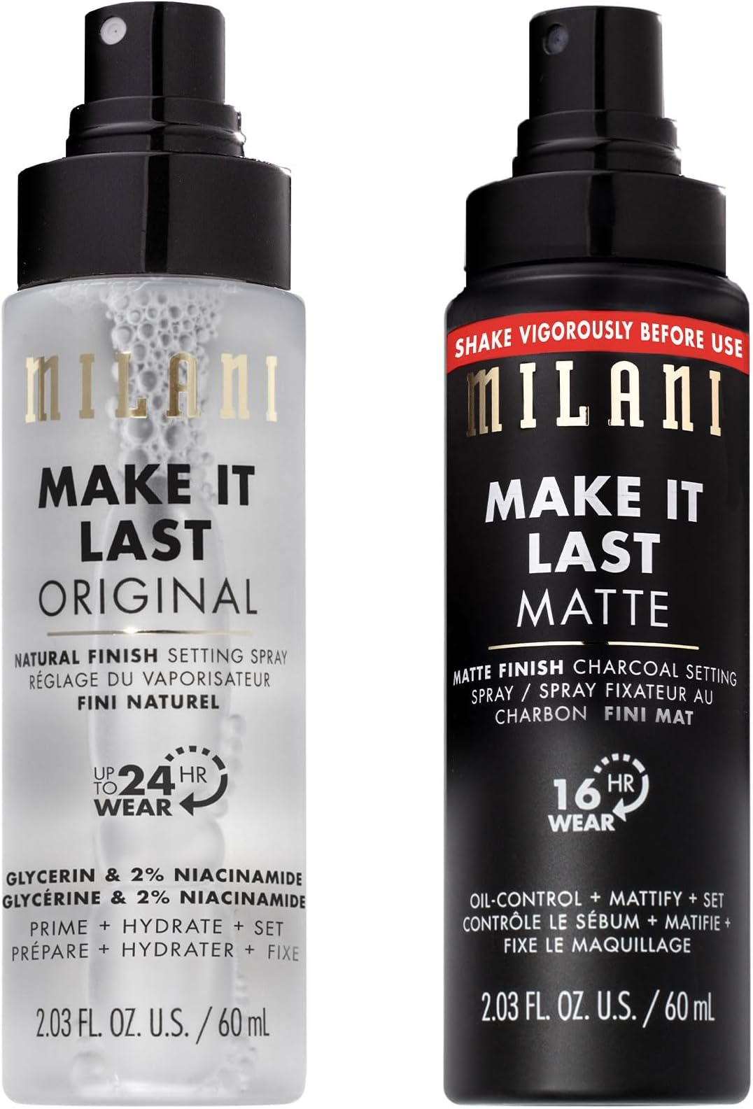 Milani Setting Spray + Primer, Make It Last Original - Natural Finish with Niacinamide for Hydration & Make It Last Matte- Oil Absorbing Charcoal Formula to Control Shine - 2 Pack