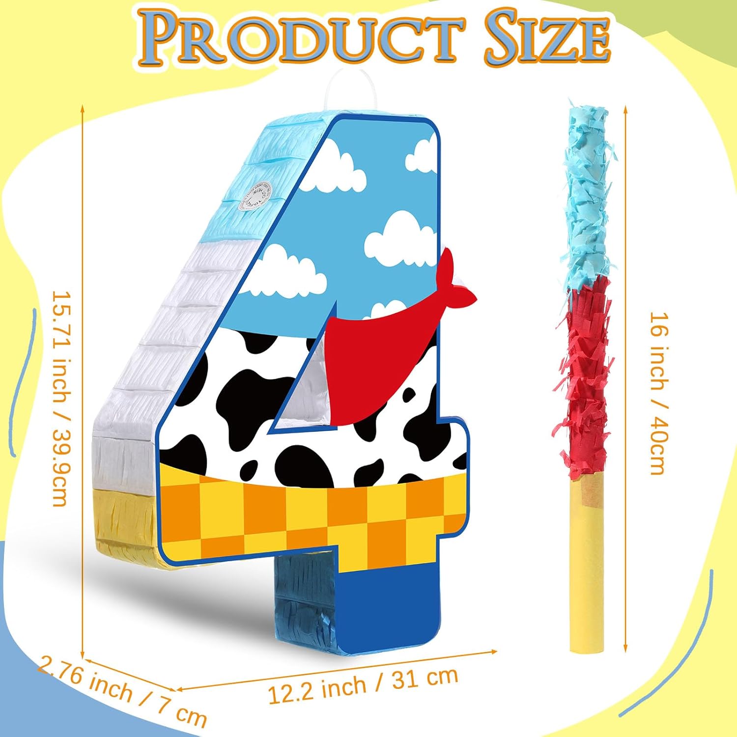 Hungdao Toy Inspired Birthday Piñata for Kids Cartoon Cow Number Piñata Decorations Summer Cartoon Story Game with Stick Red Scarf Blue Sky Cloud Boys Girls Baby Shower Farm Party Favor(Number 4)