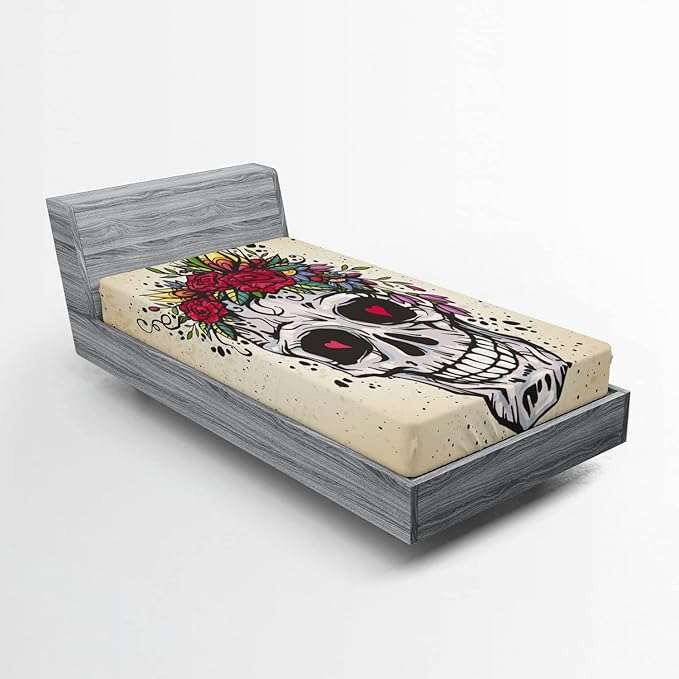 Ambesonne Sugar Skull Fitted Sheet, Human Skull with Wreath of Roses and Wild Flowers Hearts in Boho Form Design, Bed Cover with All-Round Elastic Deep Pocket for Comfort, Twin XL Size, Multicolor