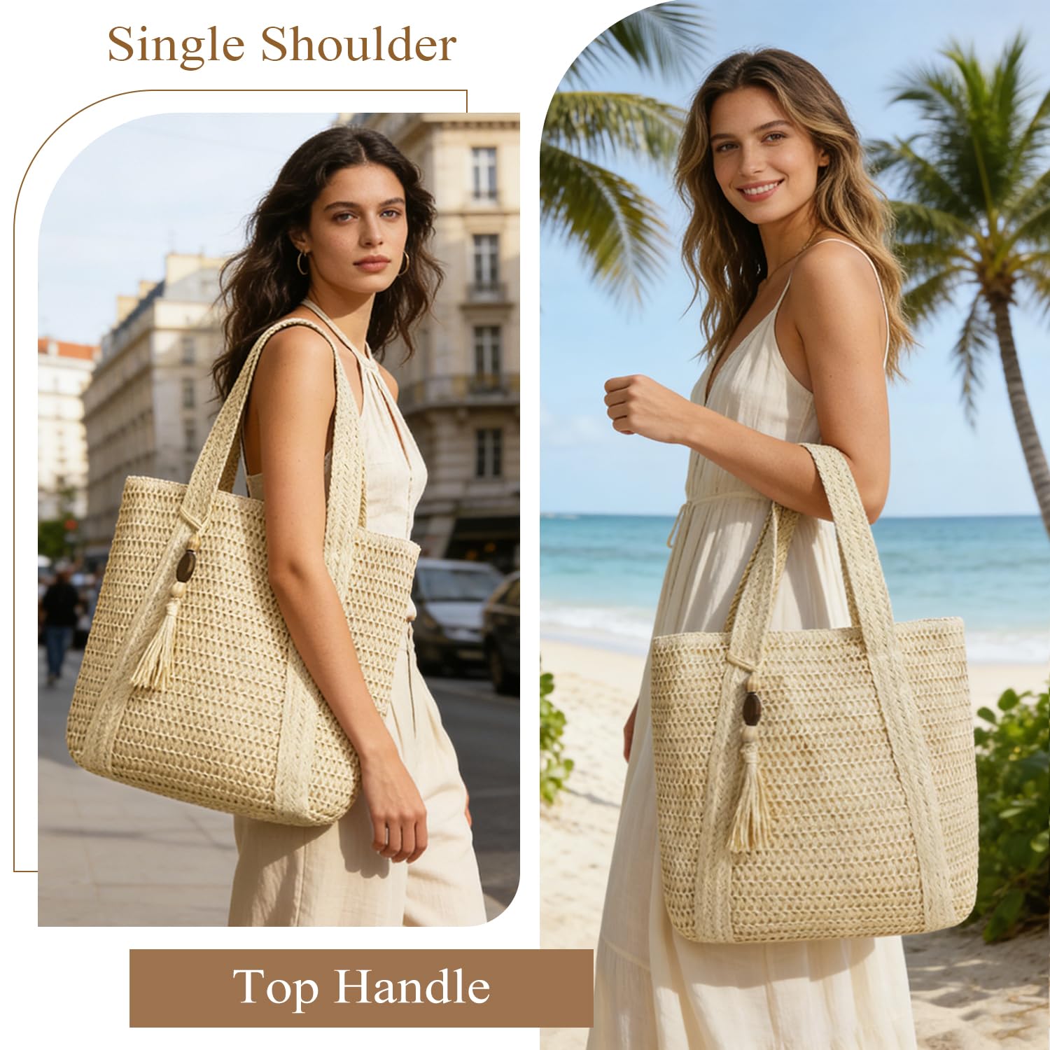 Borsa Donna a Spalla in Maglia - Borsa Mare Boho per Spiaggia, Vacanze e Shopping, Borse Tote Hobo Intrecciate, Borsa Paglia da Spiaggia