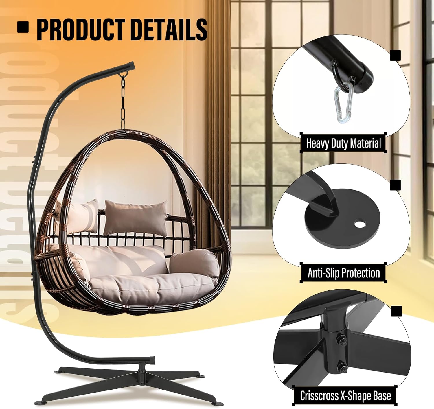 ECOTRIC Hanging Hammock Chair Stand Swing Chair Stand for Indoor/Outdoor C-Type Porch Swing Hanging Chair, 330LBS Capacity Heavy Duty Steel Black (Stand Only)