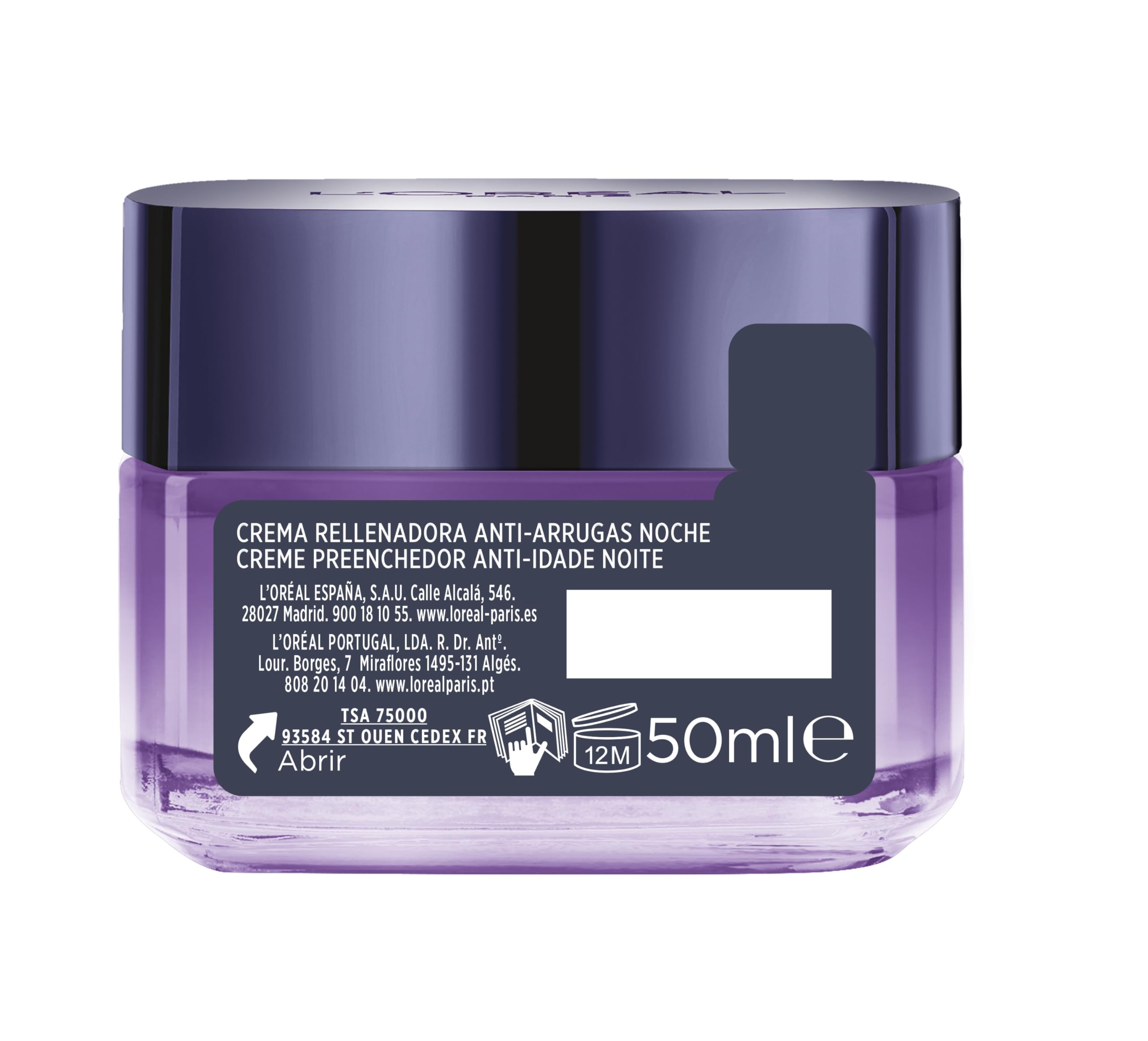 Primer plano del envase de L'Oréal Paris Revitalift Filler Crema de Noche, destacando su textura y el ingrediente principal, el ácido hialurónico.