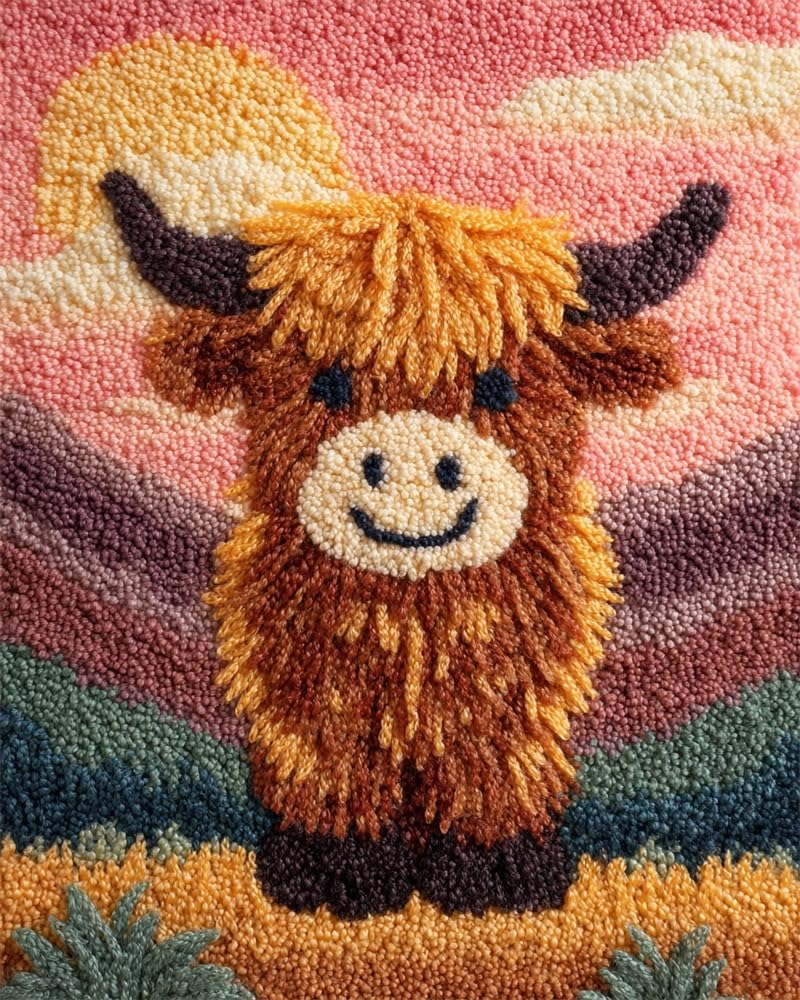 FWRTYCB Latch Hook Rug Kits,Sunset Highland Cow Cub