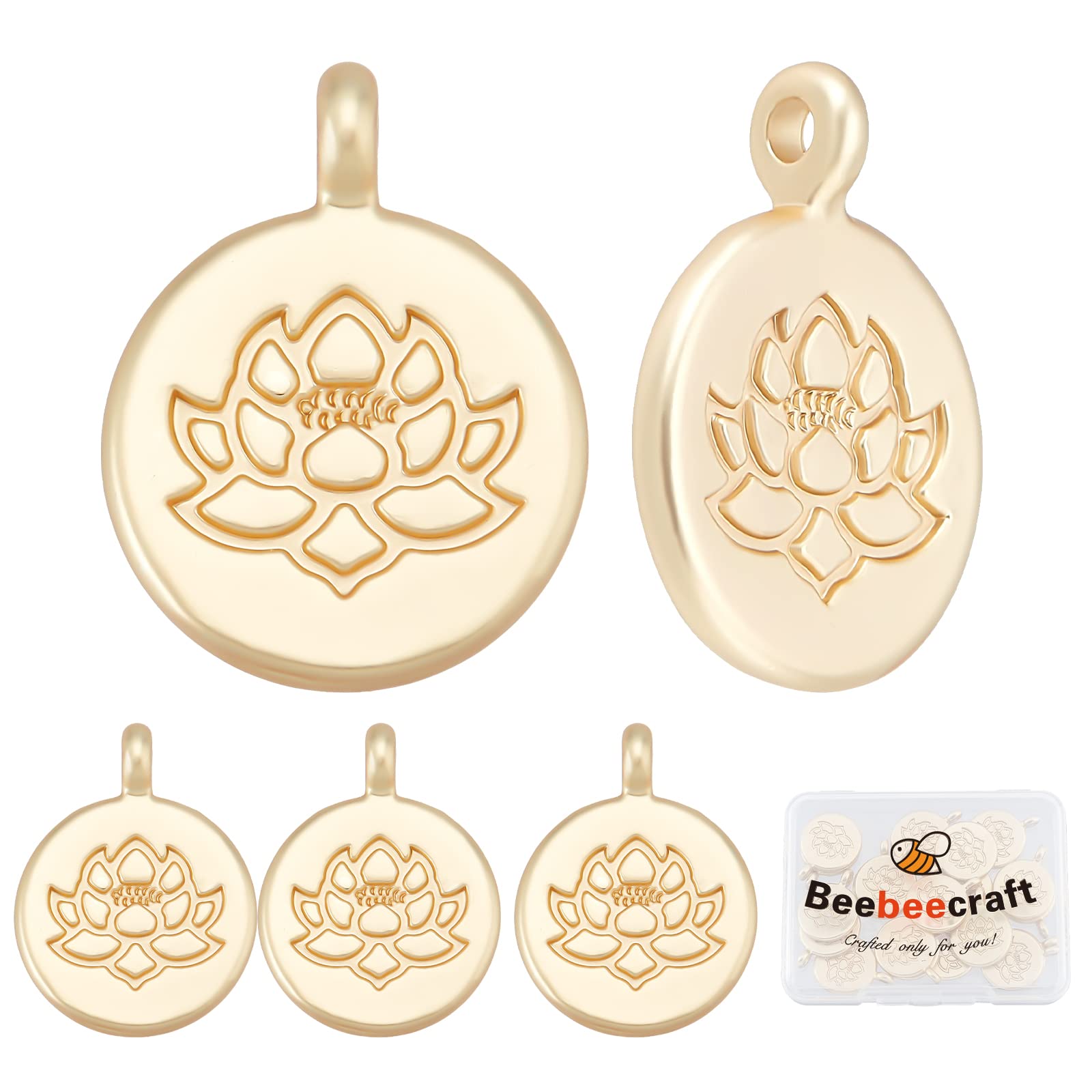 Beebeecraft1 Box 20Pcs Lotus Flower Charms 18k Gold Plated Tibetan Style Flat Round Flower Pendant Beads for DIY Necklace Bracelet Earrings