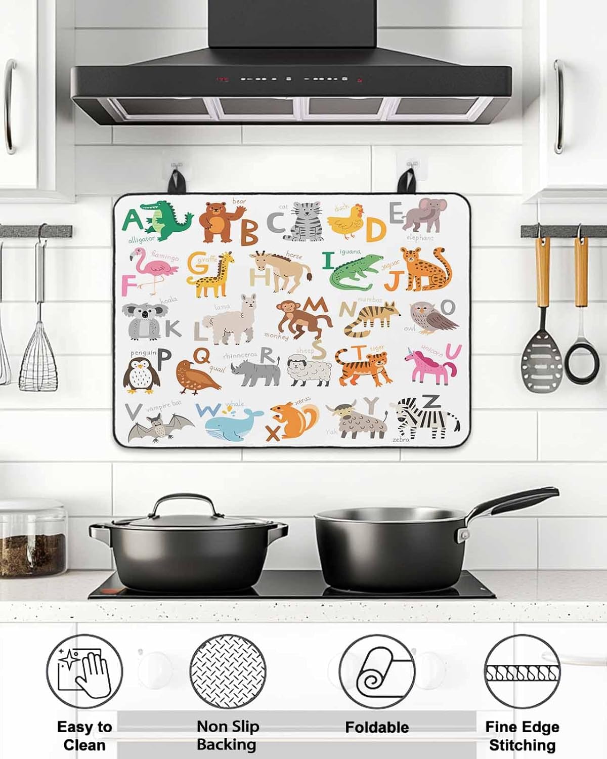 Animal Alphabets Stove Top Covers for Electric Stove, Cartoon Colorful Simple Cute Animals Letters Glass Ceramic Stove Cover Foldable Rubber Mat Heat Resistant Cooktop Protector for Kitchen 36''x21''