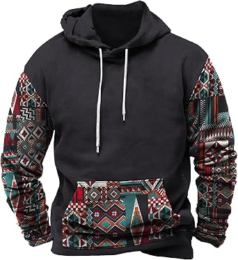 Mens Sweatshirt Hoodie Design Ethnic Print Graphic Tee Shirts Loose Drawstring Western Aztec Ethnic Hood Pullover