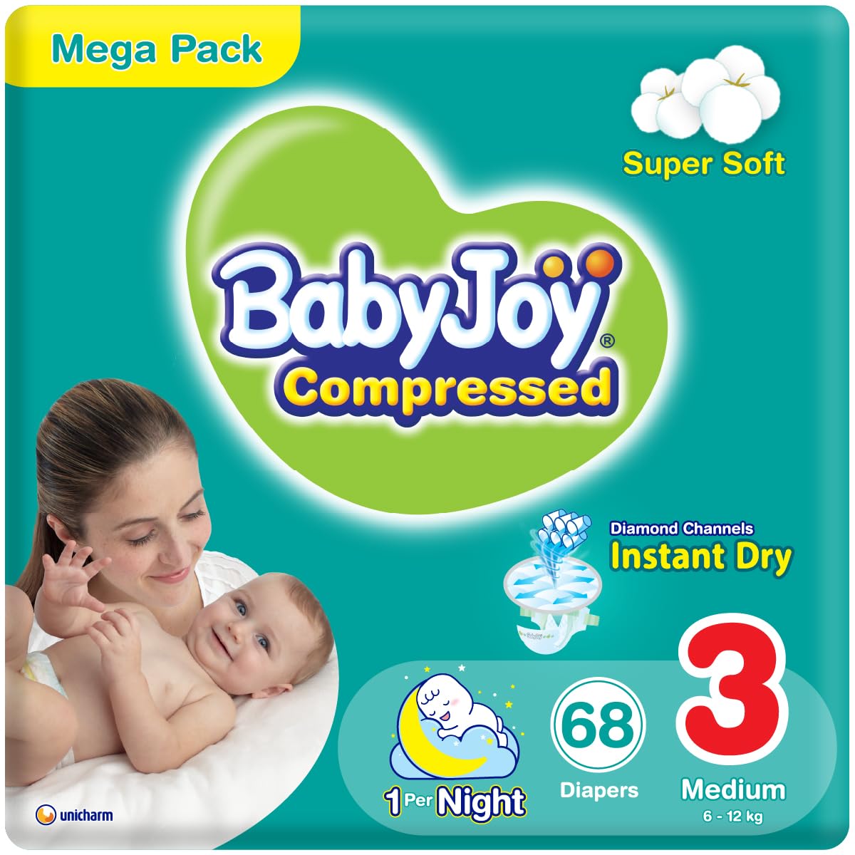 Babyjoy Compressed Diamond Pad, Size 3, Medium, 6-12 Kg, Mega Pack, 68 Diapers