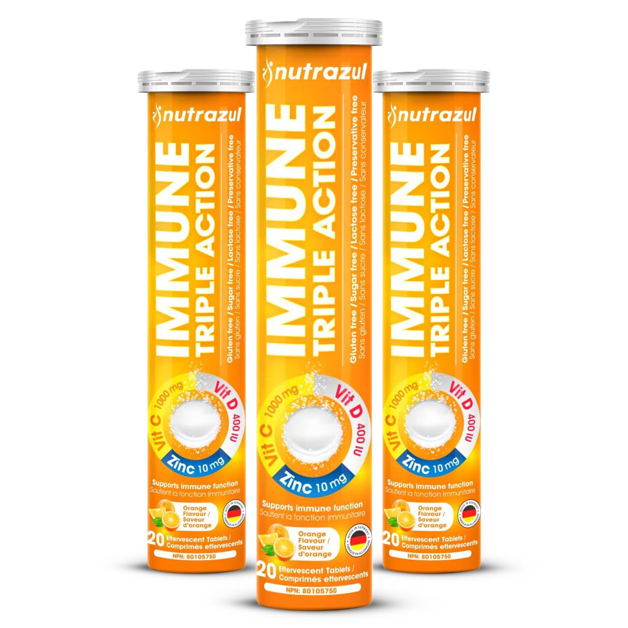 nutrazul Immune Triple Action Effervescent Tablet-1000 mg Vitamin C, Vitamin D, Zinc I Orange 20's (Pack of 3) I Gluten Free, Sugar Free, Lactose Free & Preservative Free I Maintains Immune Function
