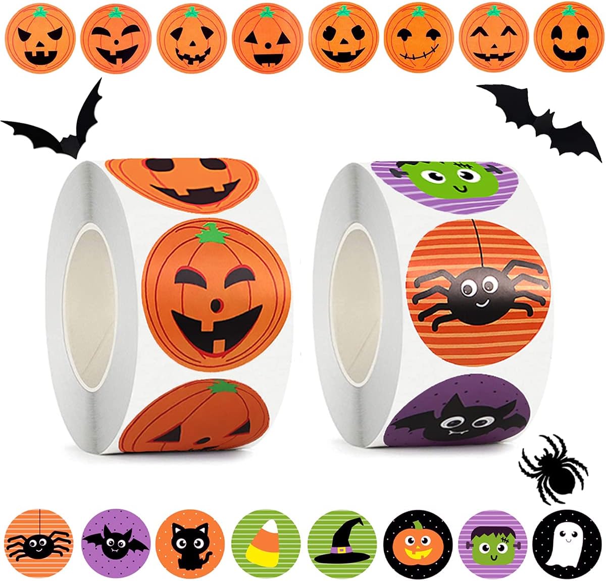 ByhooHalloween Stickers for Kids, 1000 Pcs Halloween Pumpkin Bat Spider Stickers Roll, 16 Vibrant Colors and Designs, Round Seal Label Stickers, Envelope Seals Paster for Halloween Party Decorations