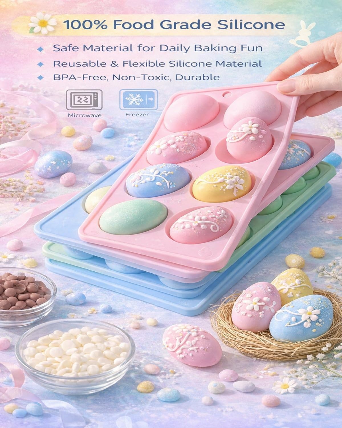 Easter Silicone Egg Molds for Baking, 3 Pack 24 Cavity Food-Grade Chocolate Mold, Egg Shaped DIY Baking Supplies Tools Set, Non-stick Freezer Molds for Cake Jello Ice Cream Soap(2*Set A)