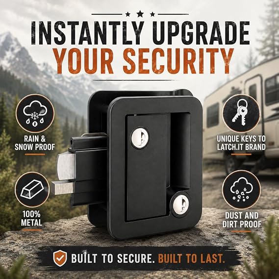 LATCH.IT Black RV Door Latch | RV Door Locks for Travel Trailers | Travel Trailer Door Latch | 100% Metal Camper Door Lock 4 Camper Keys | Trailer Door Lock Only Fits 2.75x3.75 Door Lock Hole