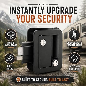 LATCH.IT Black RV Door Latch | RV Door Locks for Travel Trailers | Travel Trailer Door Latch | 100% Metal Camper Door Lock 4 Camper Keys | Trailer Door Lock Only Fits 2.75x3.75 Door Lock Hole