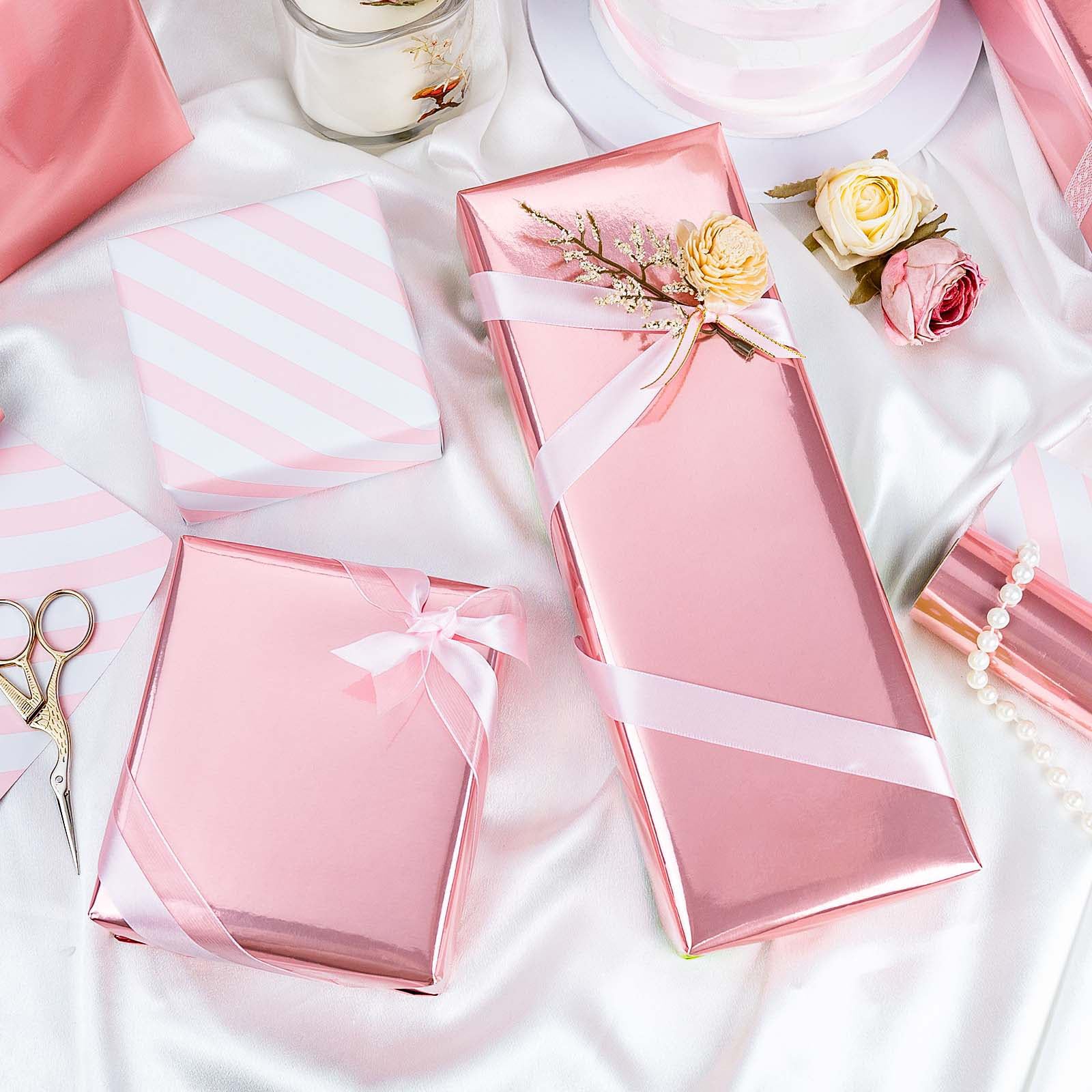 Wikadlik Mini Geschenkpapierrolle, metallisiertes Rosa, Streifen, beidseitig verwendbar, für Geburtstage, Valentinstag, Muttertag, Babyparty, Hochzeiten, 43 cm x 10 m