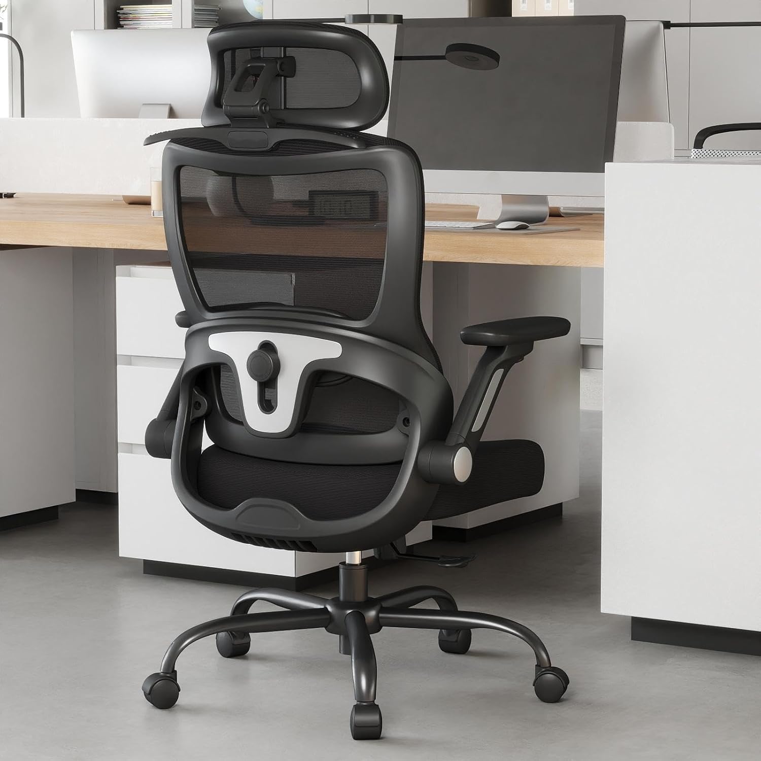 Keratee Ergonomic Office Chair, Mesh Computer Desk Chair with, 3D Adjustable Headrest, 4D flip-up Armrests, 2D Adjustable Backrest, 90-135° Tilt Angle with Locking Function, 360° Rotation, Black