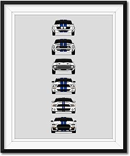 Shelby Mustang GT500 Generations Inspired Car Poster - Handmade Print of Ford Shelby GT500 - White with Blue Stripes, 8x10" Metallic Print (Unframed) - Perfect Gift for Car Enthusiast