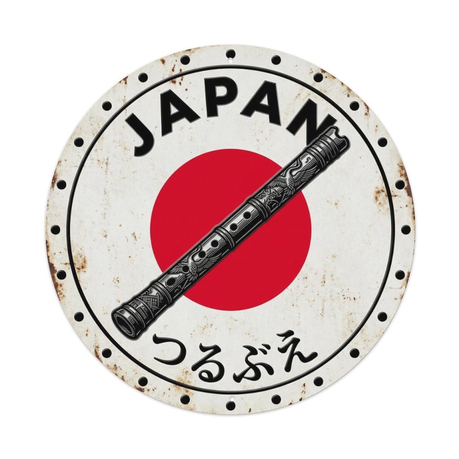 Crane Flute Japan Graceful Bird Nippon Red Circle Crest Metal Tin Sign Plaque Wall Decor for Cafe, Man Cave, Club Bar, Office, Home Garden Round Metal Poster 8x8Inch