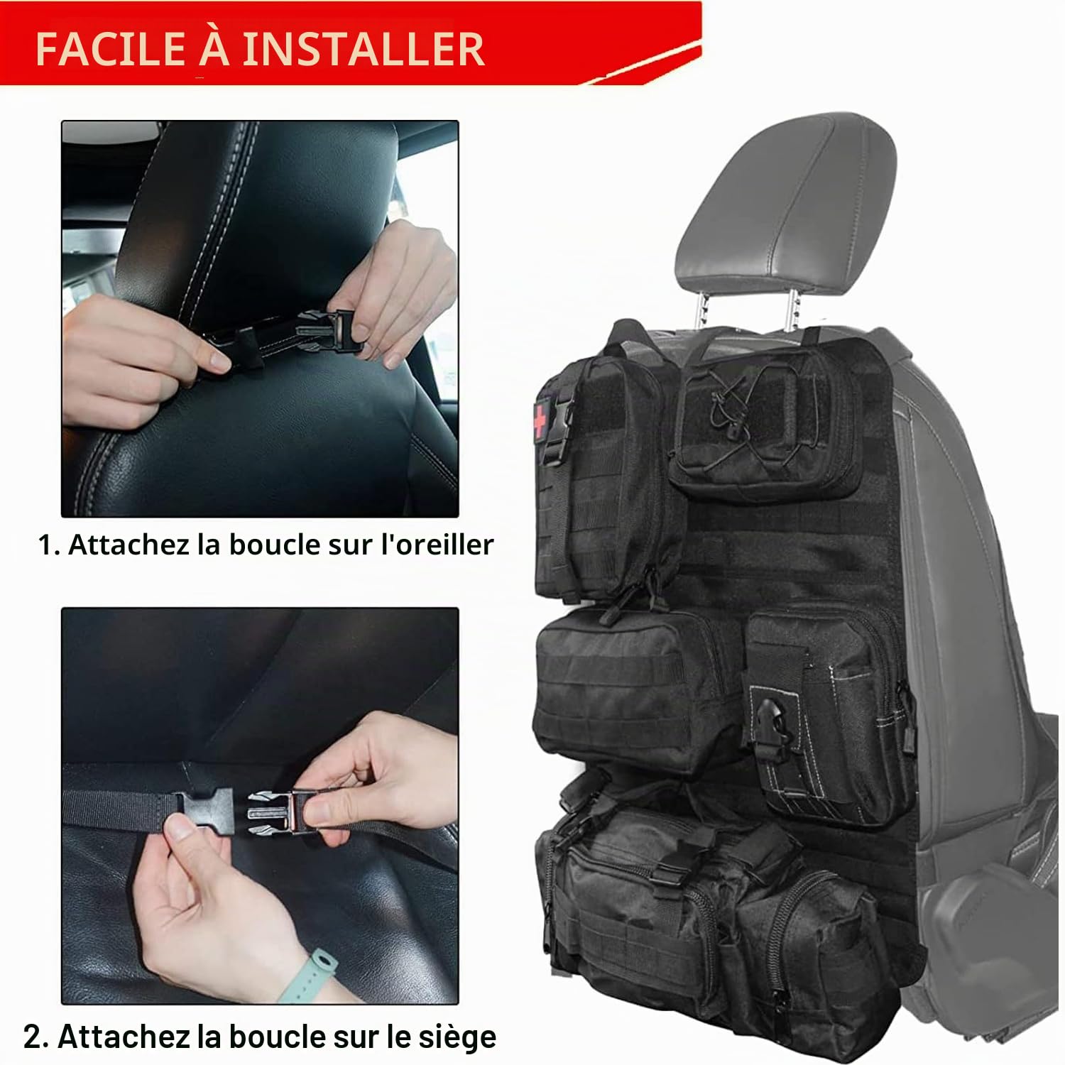 Organisateur Voiture 6-en-1 Tactique - Organisateur de Siège Auto Arrière Universel avec Poches Multi-fonctions, Imperméable pour Famille et Voyage