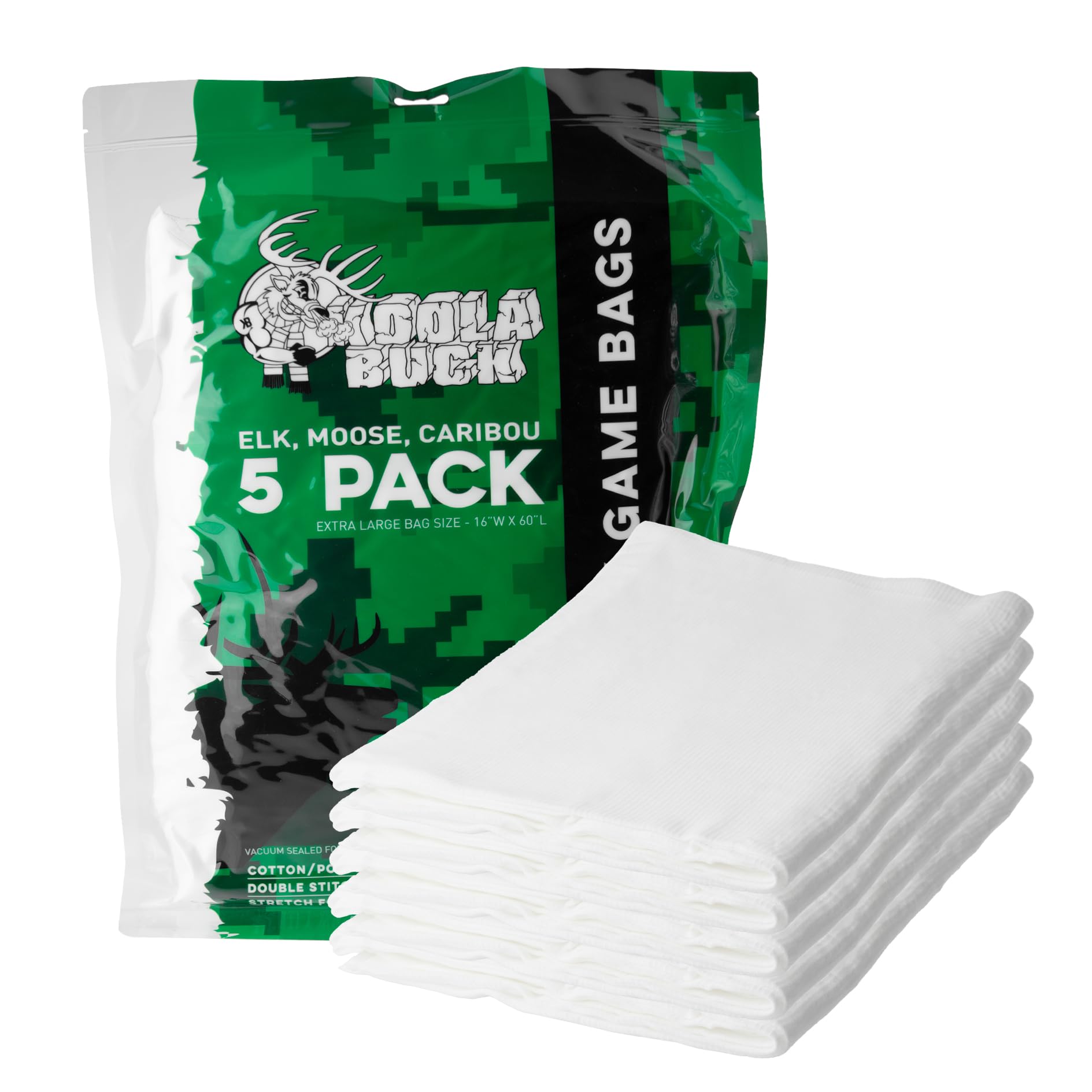 Koola Buck 5-Pack Reusable Hunting Game/Meat Bags - Choice of 5-Pack Lg Quarter Bags, 5-Pack XL Quarter Bags, or 1-Pack Full Body Bag - Wild Game: Deer, Elk, Moose, Caribou, Antelope & Hogs
