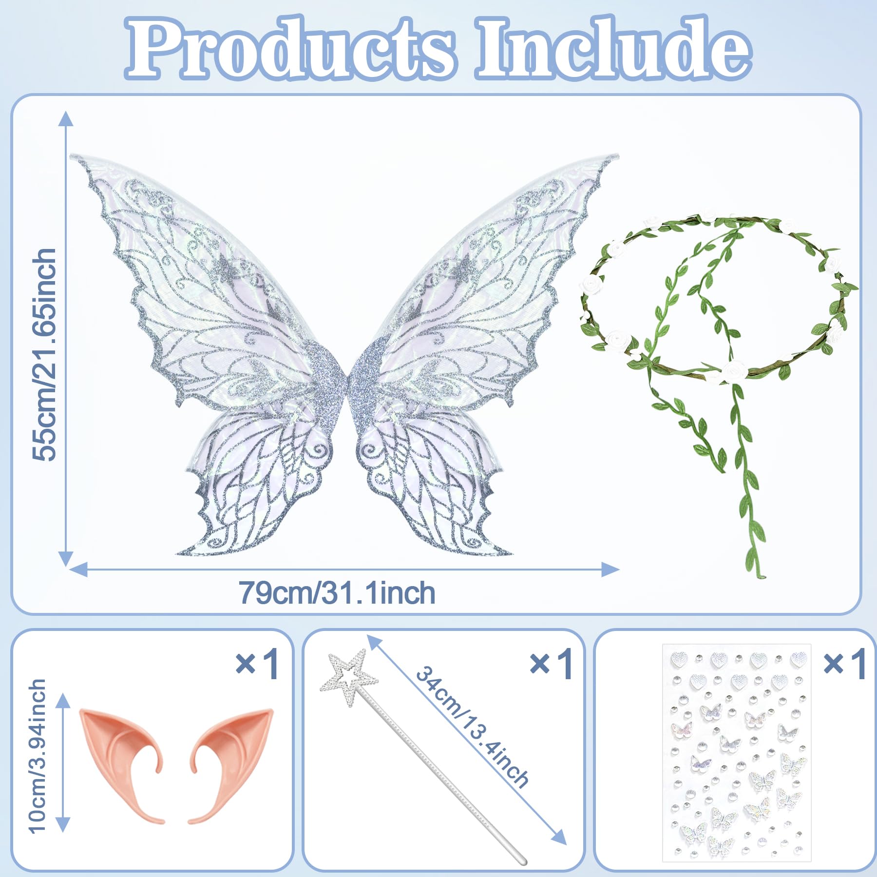 YeahBoom Children's fairy wings, butterfly wings with elf ears, fairy headband and star fairy wands, butterfly wings - Image 2