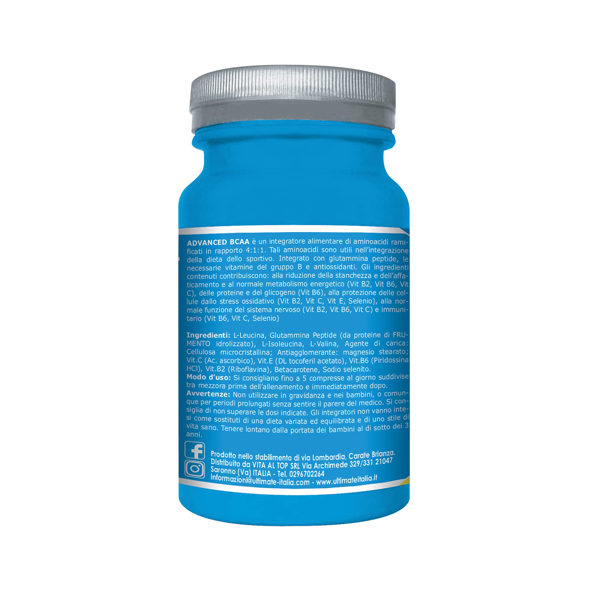 Advanced Bcaa - Formula Avanzata Aminoacidi Ramificati nel Rapporto 4.1.1 Leucina, Isoleucina, Valina, Glutammina Peptide, Vitamina B6 Maggiore Assimilazione - 240 Cpr - Ultimate Italia
