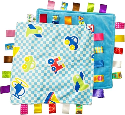 1 manta suave con etiqueta para bebé, 10.4 x 10.4 pulgadas, bonita manta de seguridad taggy, manta de etiquetas coloridas, regalo para bebé (coche)