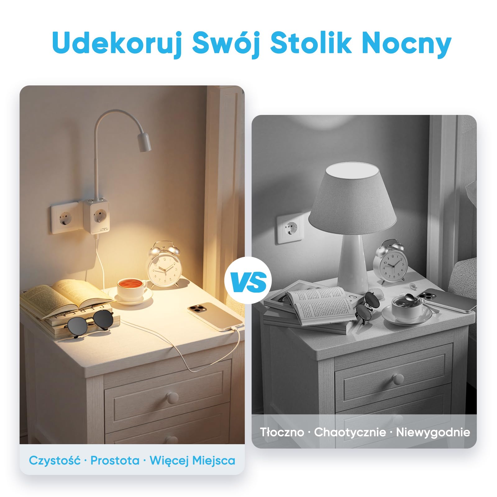 Lampka Nocna do Czytania Na Ścianę, Lampa na Wysięgniku Ścienna do Czytania LED z Wtyczką i Gniazdo Elektryczne, Dwa Przełącznik Dotykowy, 3 Kolorów, Porty Wyjściowe USB (Biały 2 Szt)