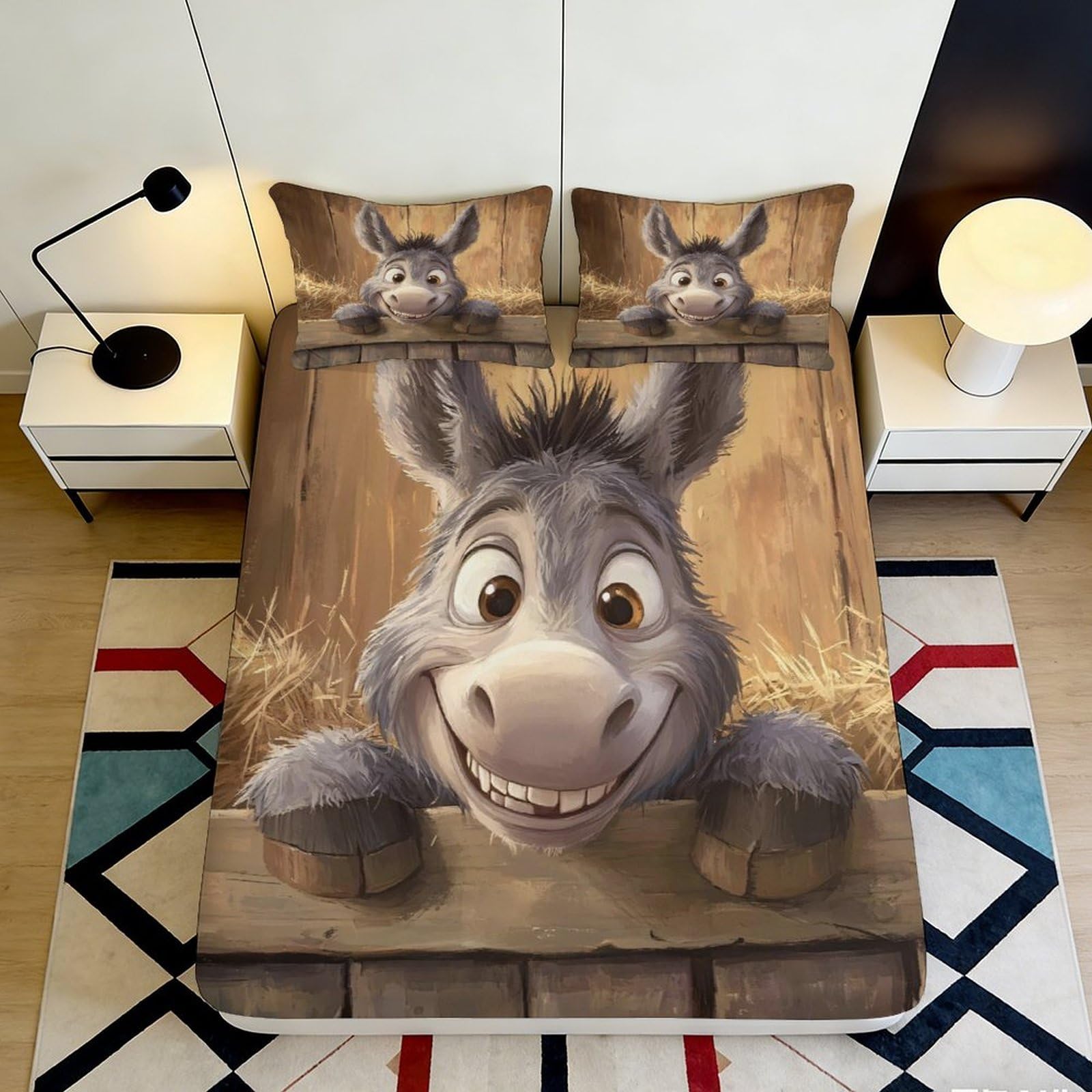 3D Printed Donkey Cartoon Fitted Sheet Microfiber Soft Durable Animal Print Bed Cover for Bedroom Dormitory Guest Room Mattress Protection Decoration 90x200x25cm
