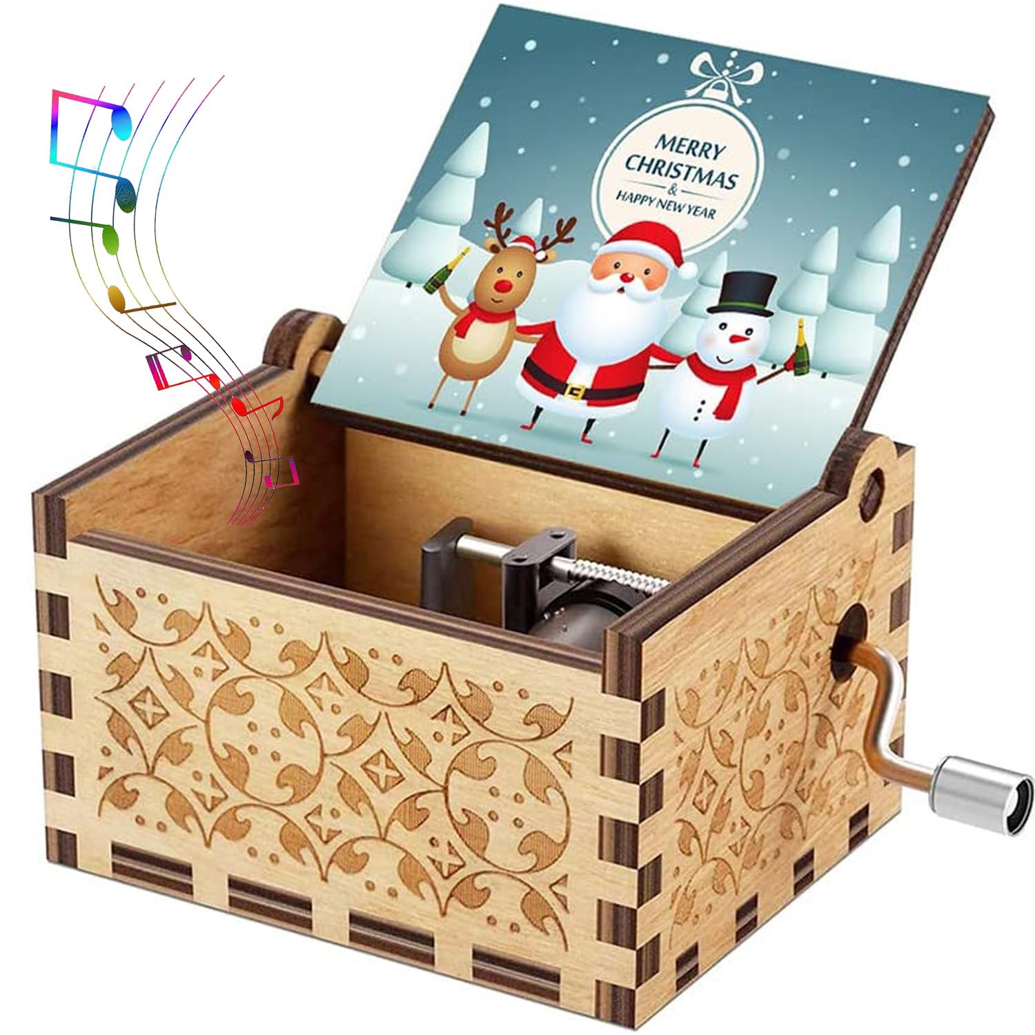 sakruda Wood Merry Christmas Music Box For Daughter,Son,Wife,Dad,Friends Mum,Hand Crank Merry Christmas Melody Wooden Musical Box,Laser Engraved,Gift to Boys,Girls at Christmas Day,New Year